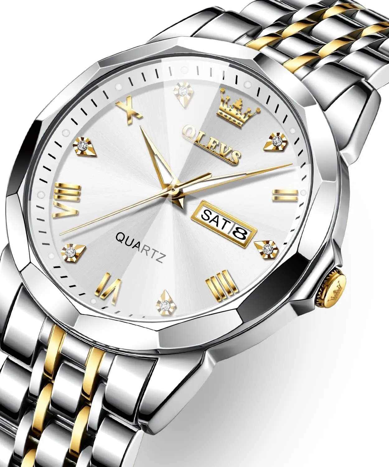 OLEVS Watches for Men Diamond Business Dress Analog Quartz Stainless Steel Date Luxury Casual Fashion Wrist Watch Waterproof Luminous