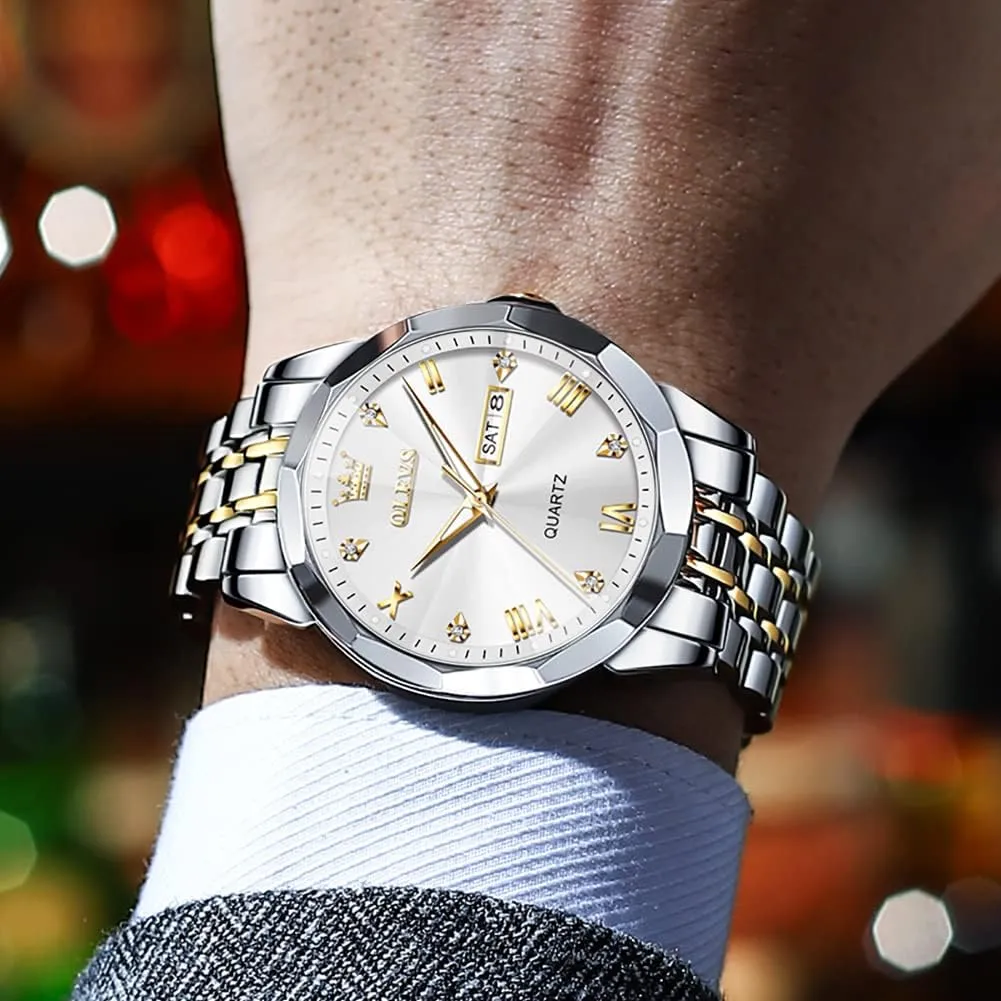 OLEVS Watches for Men Diamond Business Dress Analog Quartz Stainless Steel Date Luxury Casual Fashion Wrist Watch Waterproof Luminous