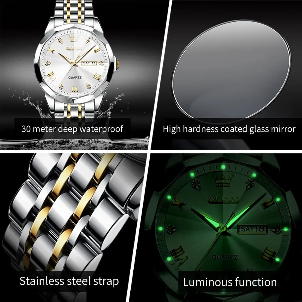 OLEVS Watches for Men Diamond Business Dress Analog Quartz Stainless Steel Date Luxury Casual Fashion Wrist Watch Waterproof Luminous