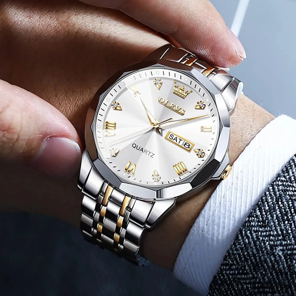OLEVS Watches for Men Diamond Business Dress Analog Quartz Stainless Steel Date Luxury Casual Fashion Wrist Watch Waterproof Luminous