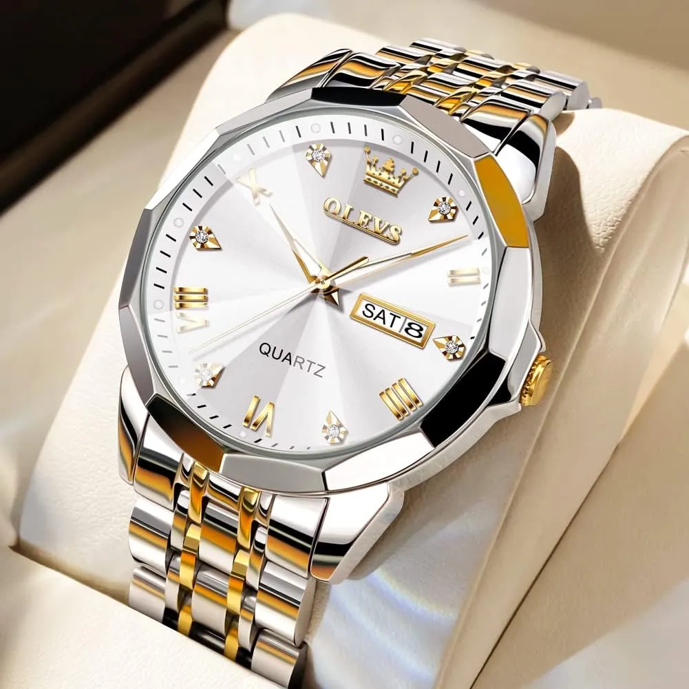 OLEVS Watches for Men Diamond Business Dress Analog Quartz Stainless Steel Date Luxury Casual Fashion Wrist Watch Waterproof Luminous