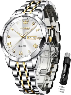 OLEVS Watches for Men Diamond Business Dress Analog Quartz Stainless Steel Date Luxury Casual Fashion Wrist Watch Waterproof Luminous