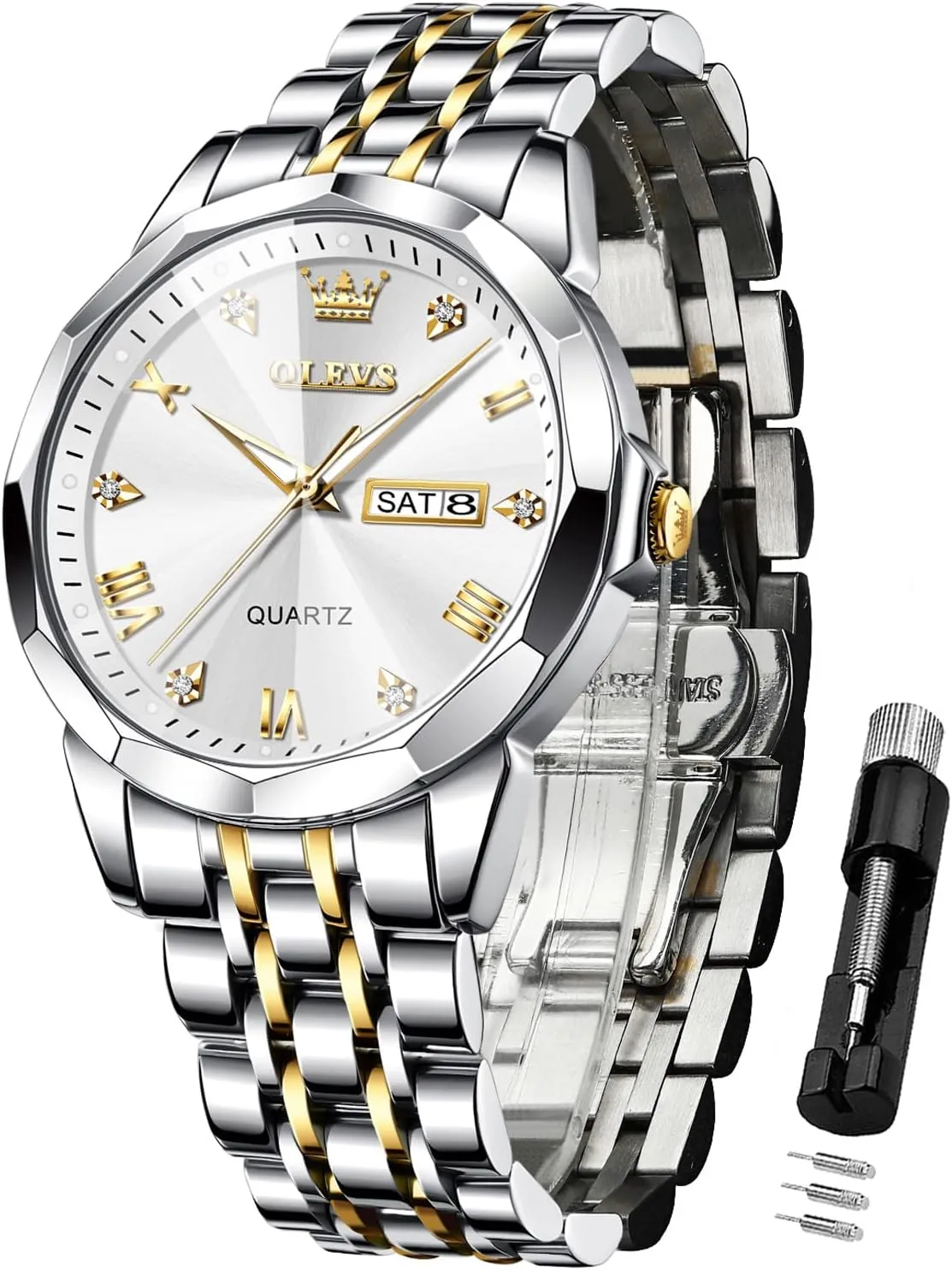 OLEVS Watches for Men Diamond Business Dress Analog Quartz Stainless Steel Date Luxury Casual Fashion Wrist Watch Waterproof Luminous