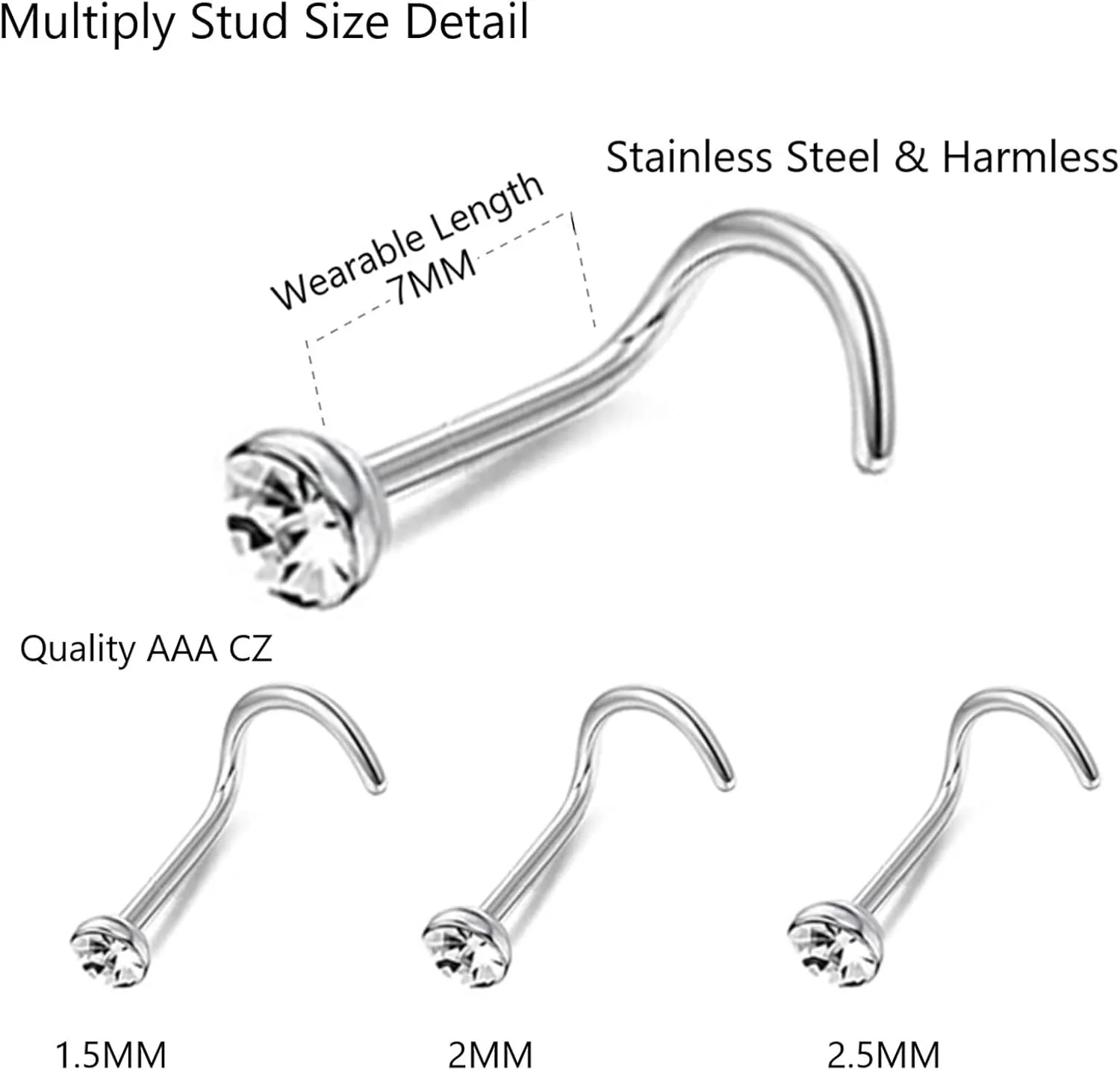 OMAIGAR Nose Rings Studs, 60pcs Straight or L-Shaped or Screw Nose Studs for Women Men, Surgical Stainless Steel Hypoallergenic Nose Piercing Jewelry 1.5/2/2.5mm Size Rhinestone and Ideal Gift