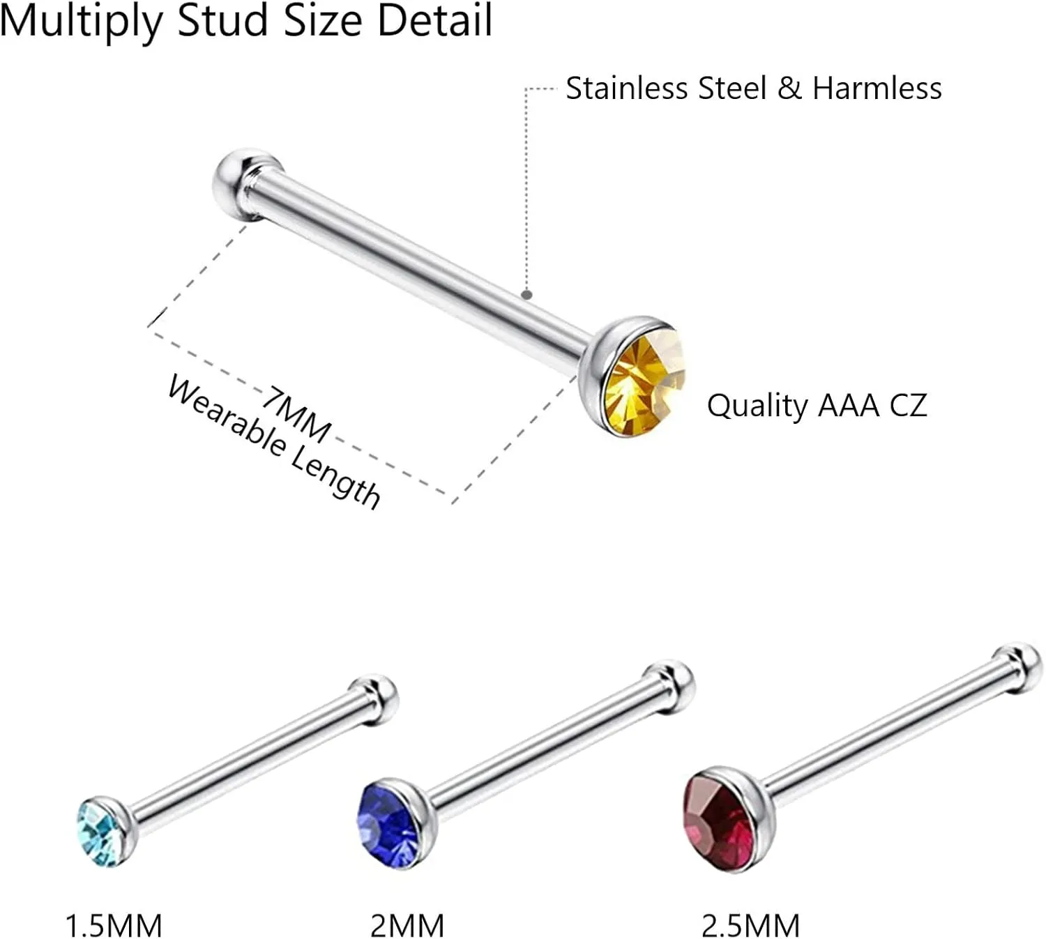 OMAIGAR Nose Rings Studs, 60pcs Straight or L-Shaped or Screw Nose Studs for Women Men, Surgical Stainless Steel Hypoallergenic Nose Piercing Jewelry 1.5/2/2.5mm Size Rhinestone and Ideal Gift