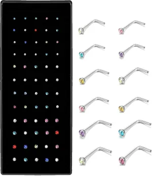 OMAIGAR Nose Rings Studs, 60pcs Straight or L-Shaped or Screw Nose Studs for Women Men, Surgical Stainless Steel Hypoallergenic Nose Piercing Jewelry 1.5/2/2.5mm Size Rhinestone and Ideal Gift