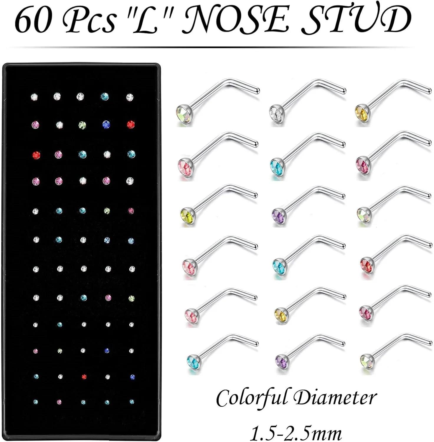 OMAIGAR Nose Rings Studs, 60pcs Straight or L-Shaped or Screw Nose Studs for Women Men, Surgical Stainless Steel Hypoallergenic Nose Piercing Jewelry 1.5/2/2.5mm Size Rhinestone and Ideal Gift