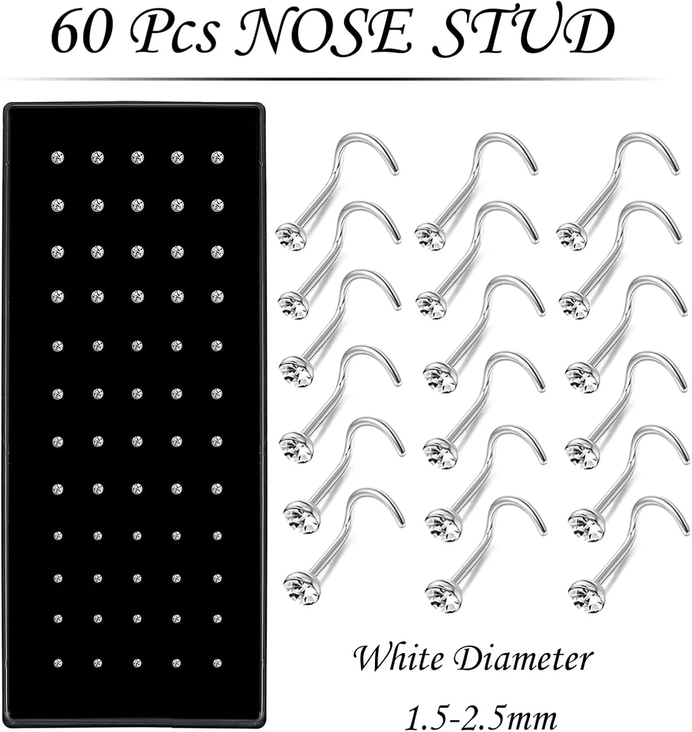 OMAIGAR Nose Rings Studs, 60pcs Straight or L-Shaped or Screw Nose Studs for Women Men, Surgical Stainless Steel Hypoallergenic Nose Piercing Jewelry 1.5/2/2.5mm Size Rhinestone and Ideal Gift