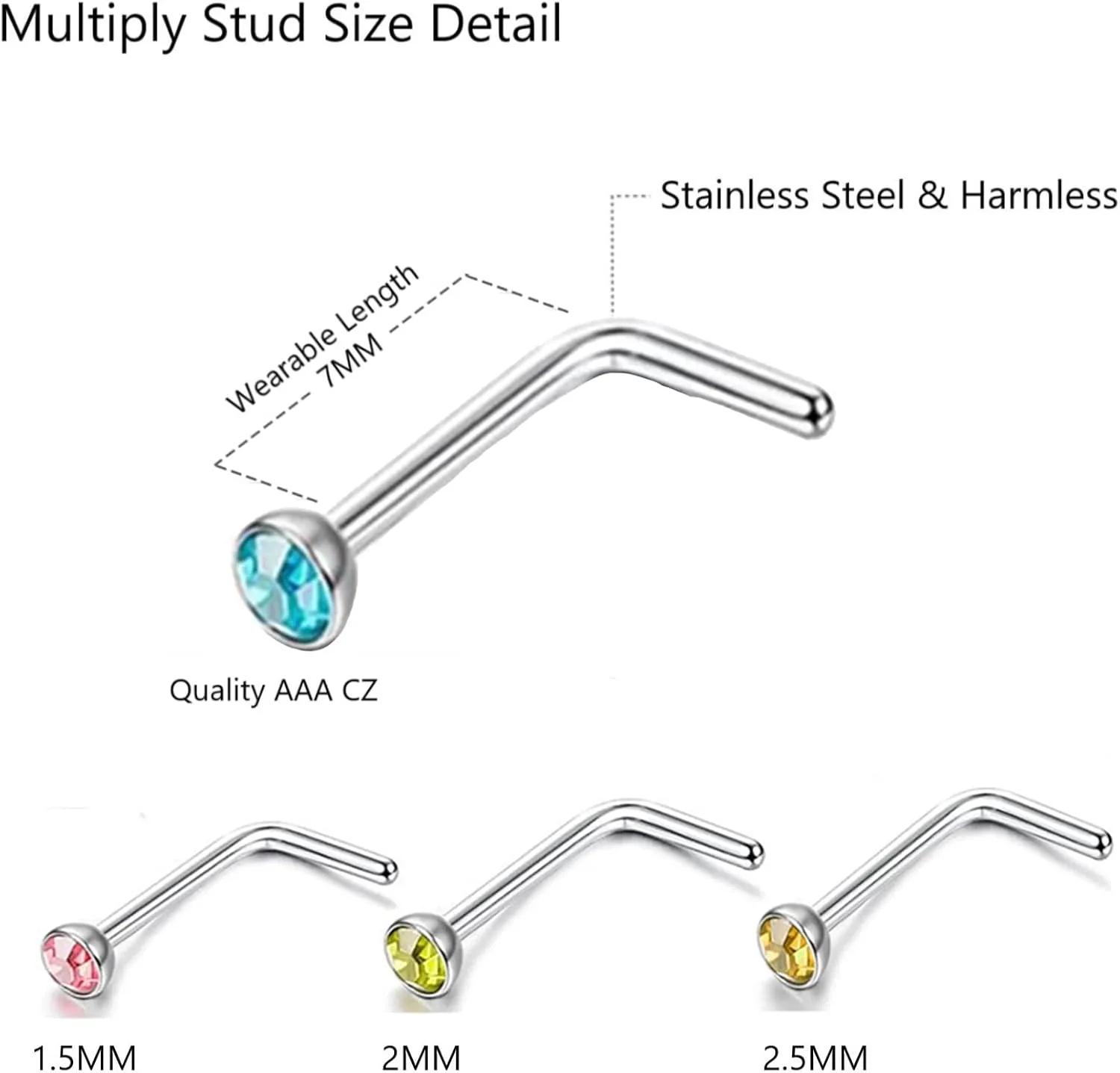 OMAIGAR Nose Rings Studs, 60pcs Straight or L-Shaped or Screw Nose Studs for Women Men, Surgical Stainless Steel Hypoallergenic Nose Piercing Jewelry 1.5/2/2.5mm Size Rhinestone and Ideal Gift