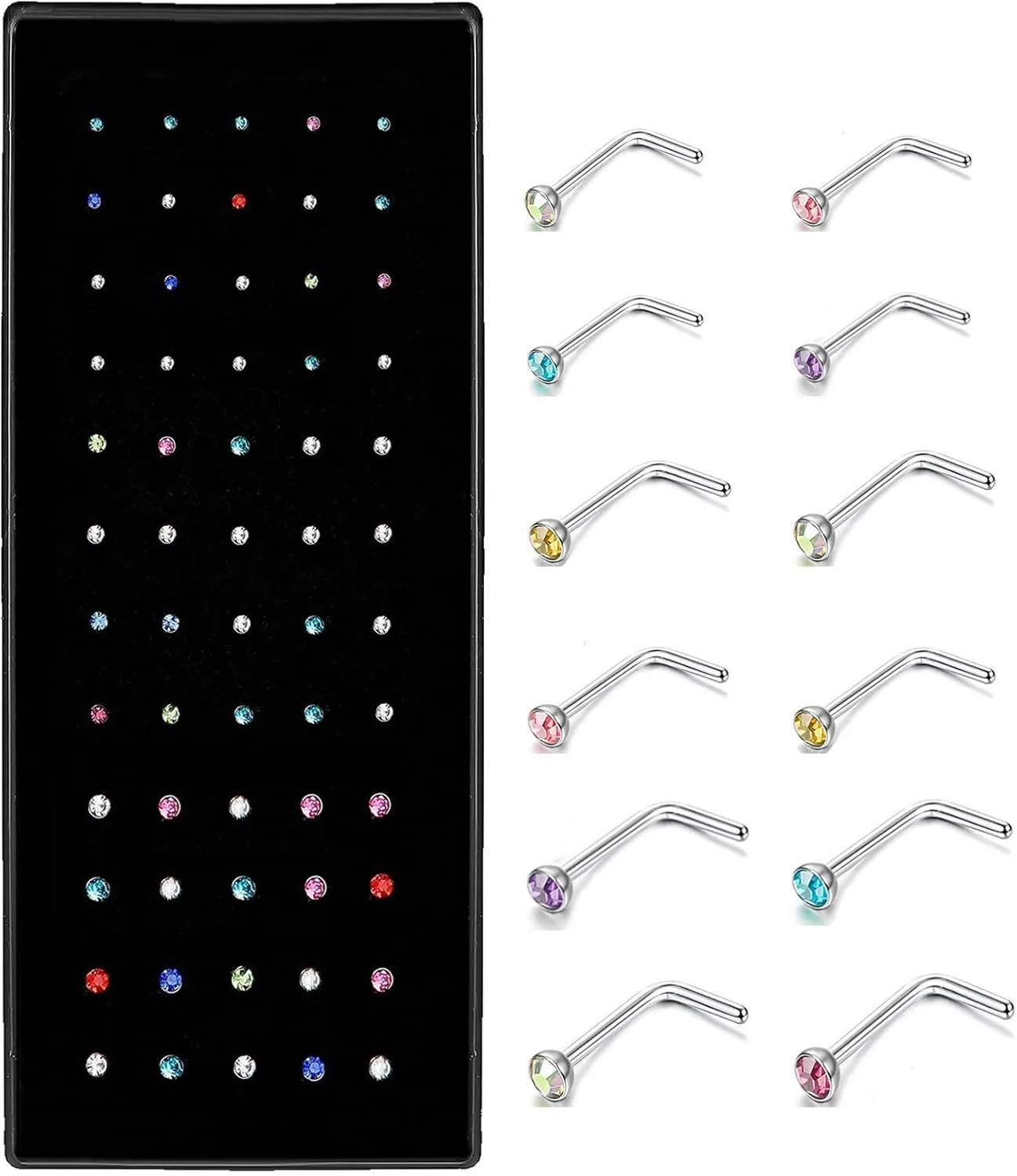 OMAIGAR Nose Rings Studs, 60pcs Straight or L-Shaped or Screw Nose Studs for Women Men, Surgical Stainless Steel Hypoallergenic Nose Piercing Jewelry 1.5/2/2.5mm Size Rhinestone and Ideal Gift