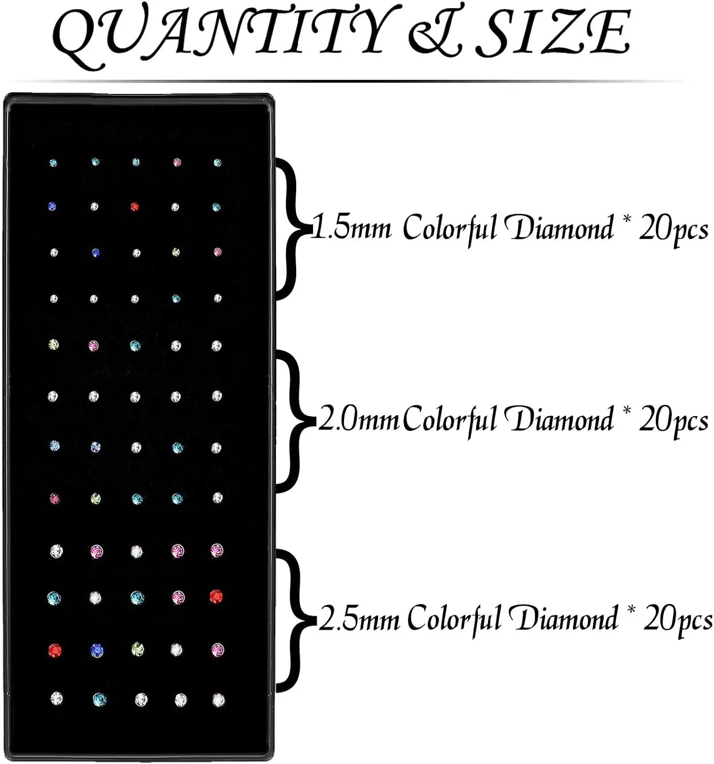 OMAIGAR Nose Rings Studs, 60pcs Straight or L-Shaped or Screw Nose Studs for Women Men, Surgical Stainless Steel Hypoallergenic Nose Piercing Jewelry 1.5/2/2.5mm Size Rhinestone and Ideal Gift