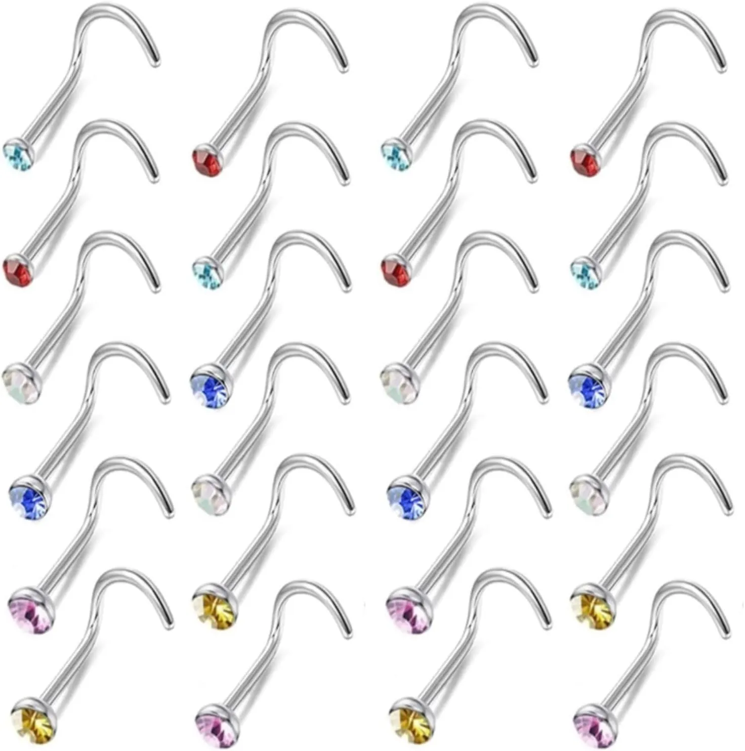 OMAIGAR Nose Rings Studs, Straight/L/Screw Shaped Nose Studs for Women Men, Surgical Stainless Steel Hypoallergenic Nose Piercing Jewelry 1.5/2/2.5mm Size Crystal and Ideal Gift