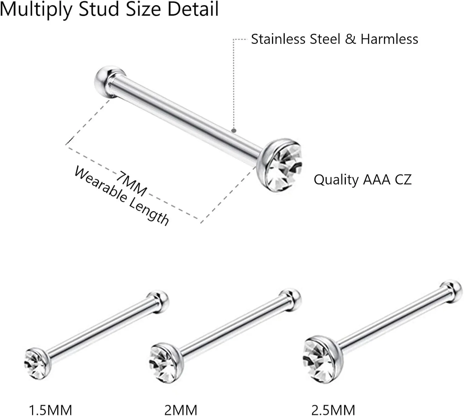 OMAIGAR Nose Rings Studs, Straight/L/Screw Shaped Nose Studs for Women Men, Surgical Stainless Steel Hypoallergenic Nose Piercing Jewelry 1.5/2/2.5mm Size Crystal and Ideal Gift