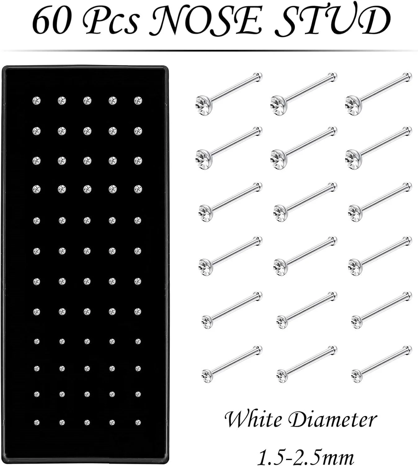 OMAIGAR Nose Rings Studs, Straight/L/Screw Shaped Nose Studs for Women Men, Surgical Stainless Steel Hypoallergenic Nose Piercing Jewelry 1.5/2/2.5mm Size Crystal and Ideal Gift