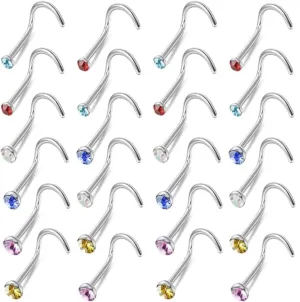 OMAIGAR Nose Rings Studs, Straight/L/Screw Shaped Nose Studs for Women Men, Surgical Stainless Steel Hypoallergenic Nose Piercing Jewelry 1.5/2/2.5mm Size Crystal and Ideal Gift