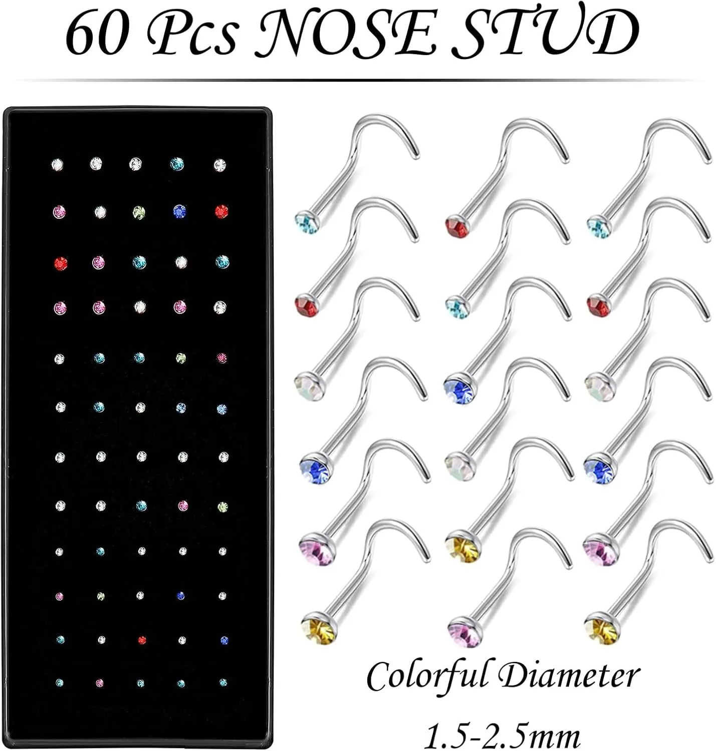 OMAIGAR Nose Rings Studs, Straight/L/Screw Shaped Nose Studs for Women Men, Surgical Stainless Steel Hypoallergenic Nose Piercing Jewelry 1.5/2/2.5mm Size Crystal and Ideal Gift