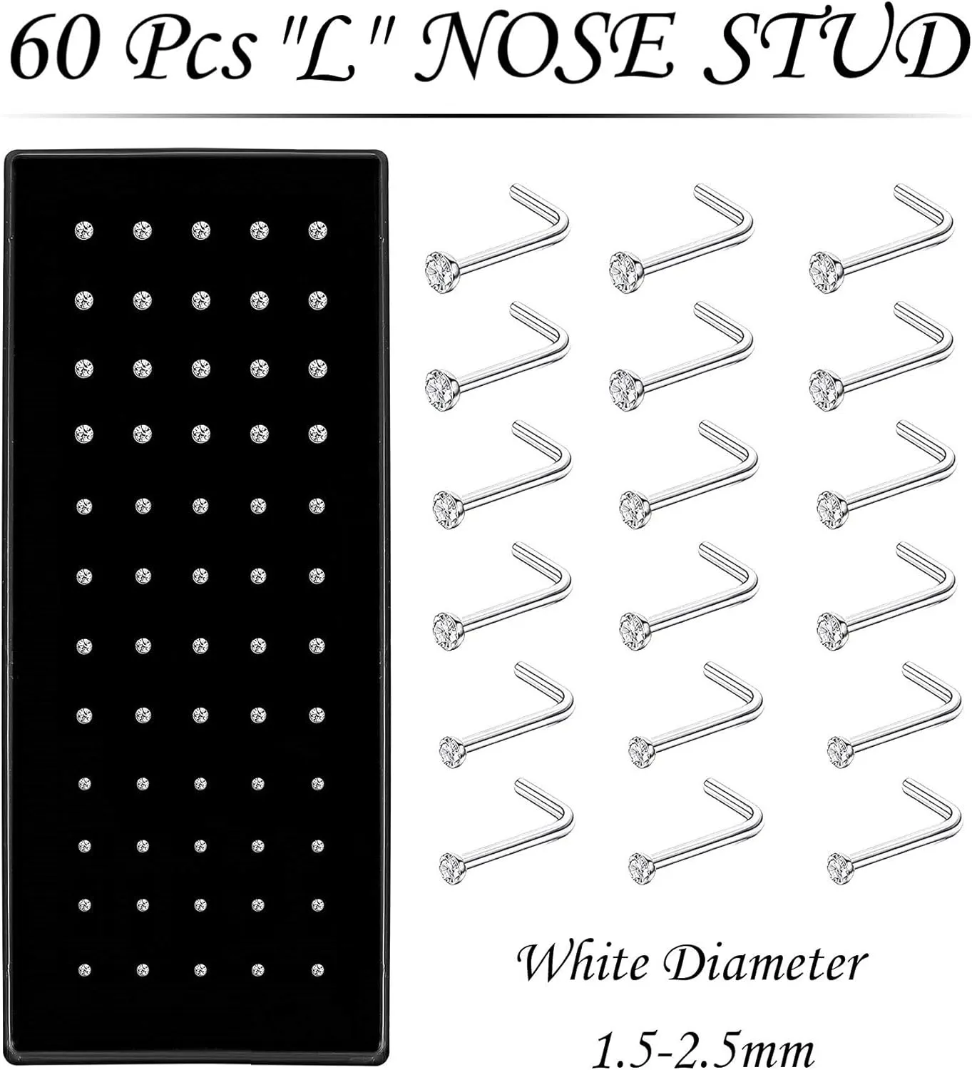 OMAIGAR Nose Rings Studs, Straight/L/Screw Shaped Nose Studs for Women Men, Surgical Stainless Steel Hypoallergenic Nose Piercing Jewelry 1.5/2/2.5mm Size Crystal and Ideal Gift
