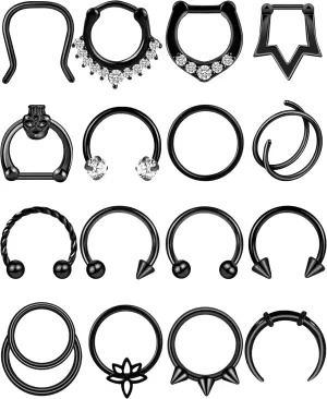 ONESING 16Pcs 16G Septum Rings Surgical Steel Nose Septum Jewelry Nose Piercing Jewelry Septum Horseshoe Helix Tragus Earring Lip Black Nose Hoop for Women Men