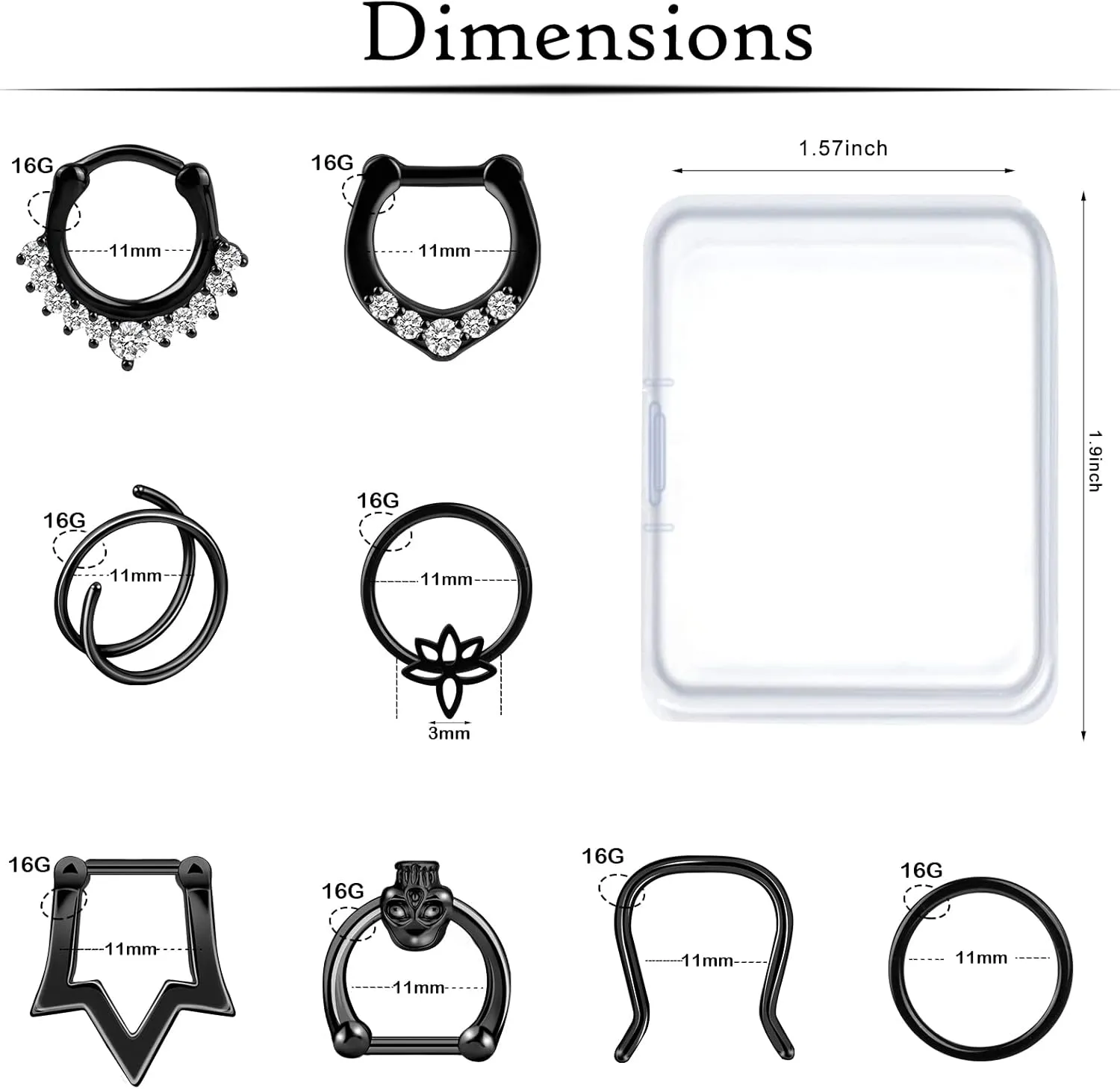 ONESING 16Pcs 16G Septum Rings Surgical Steel Nose Septum Jewelry Nose Piercing Jewelry Septum Horseshoe Helix Tragus Earring Lip Black Nose Hoop for Women Men