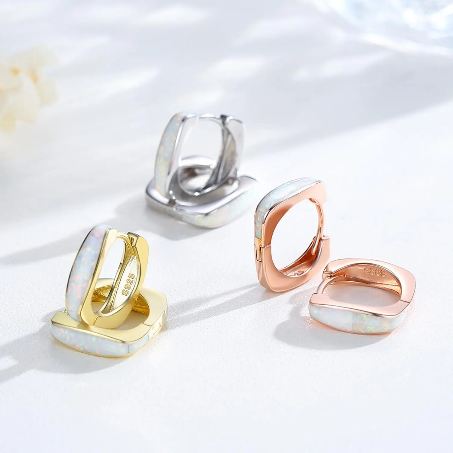Opal Hoop Earrings for Women Hinged Hoop Earrings Sterling Silver/Rose Gold/ 14K Gold Plated Hoop Earrings Hypoallergenic Small Square Fashion Hoop Opal Jewelry Gifts for Women Girls