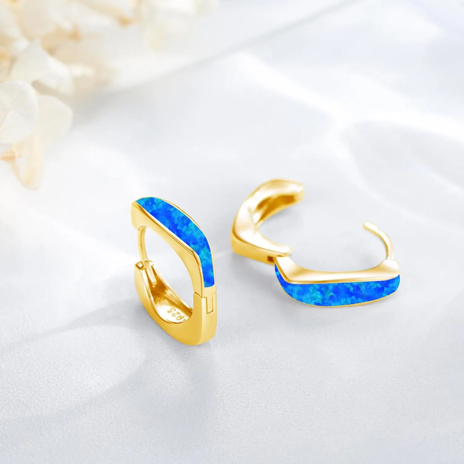Opal Hoop Earrings for Women Hinged Hoop Earrings Sterling Silver/Rose Gold/ 14K Gold Plated Hoop Earrings Hypoallergenic Small Square Fashion Hoop Opal Jewelry Gifts for Women Girls