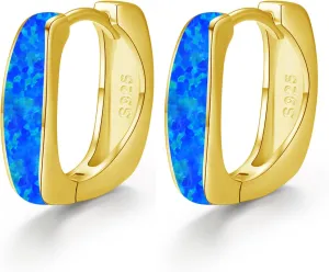 Opal Hoop Earrings for Women Hinged Hoop Earrings Sterling Silver/Rose Gold/ 14K Gold Plated Hoop Earrings Hypoallergenic Small Square Fashion Hoop Opal Jewelry Gifts for Women Girls