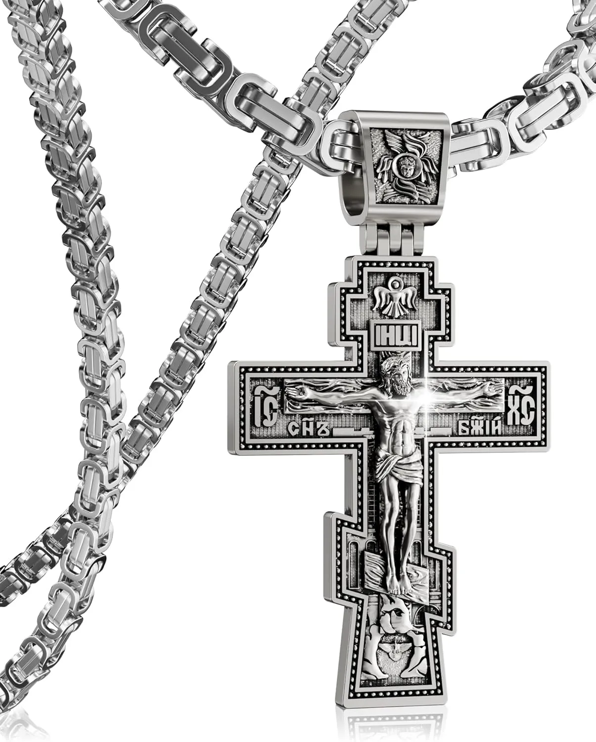 Orthodox Cross Necklace for Men and Women, Antique Silver/Silver/Gold/Gold Silver Tone, Christian Jewelry, Only Pendant/Round Box/Byzantine Chain Match