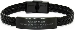 Other Mom Braided Leather Bracelet, Encouraging Luke 18:1 Prayer Gifts for Mothers Day, Inspirational Christian Jewelry for Mom, Hope and Confidence Gifts for Other Mom