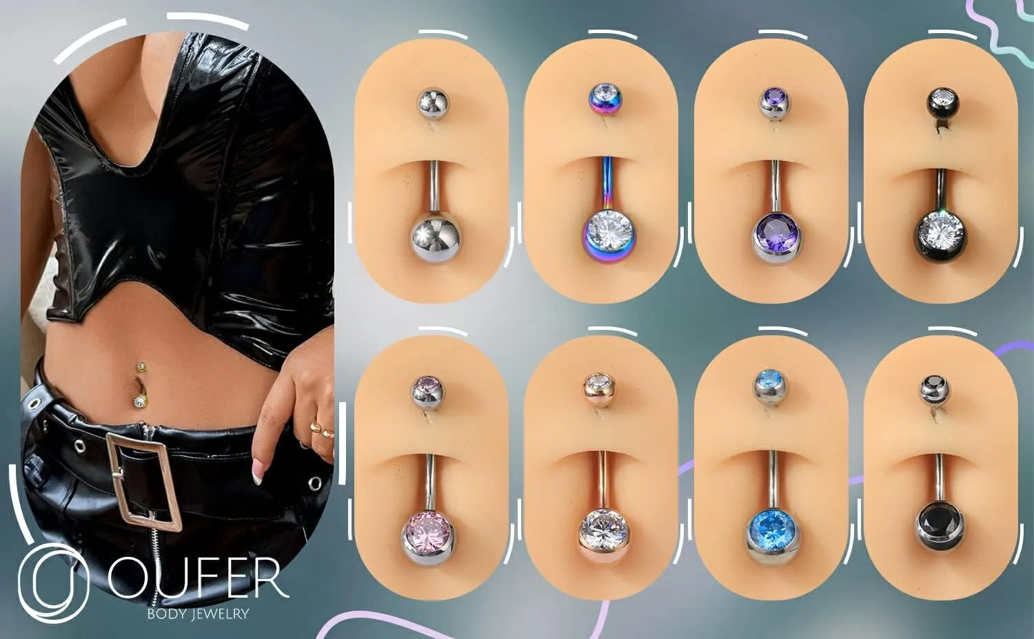 OUFER Titanium Belly Button Rings, Internally Threaded 14mm Long Belly Ring, Round CZ Navel Rings for Women Men