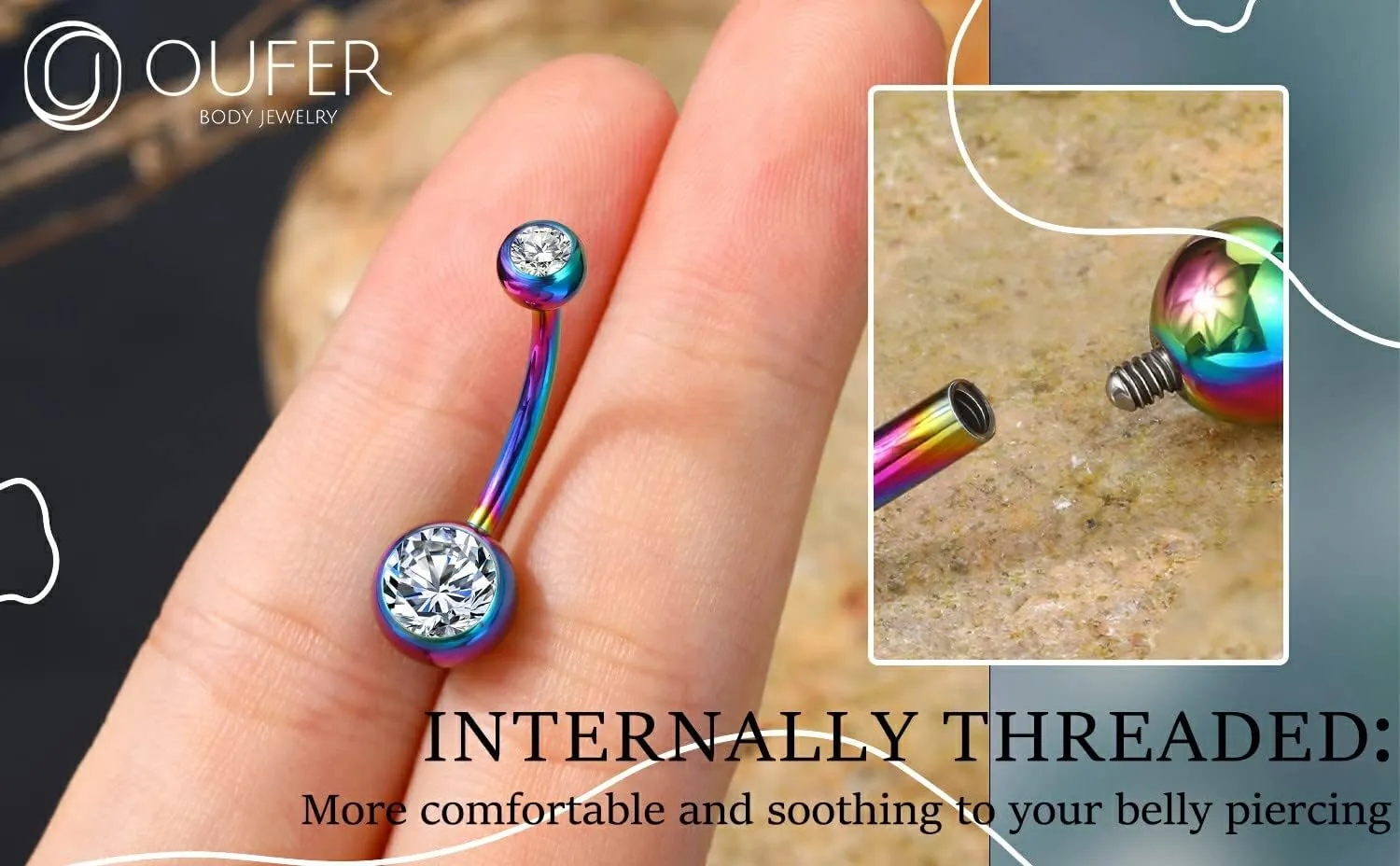 OUFER Titanium Belly Button Rings, Internally Threaded 14mm Long Belly Ring, Round CZ Navel Rings for Women Men