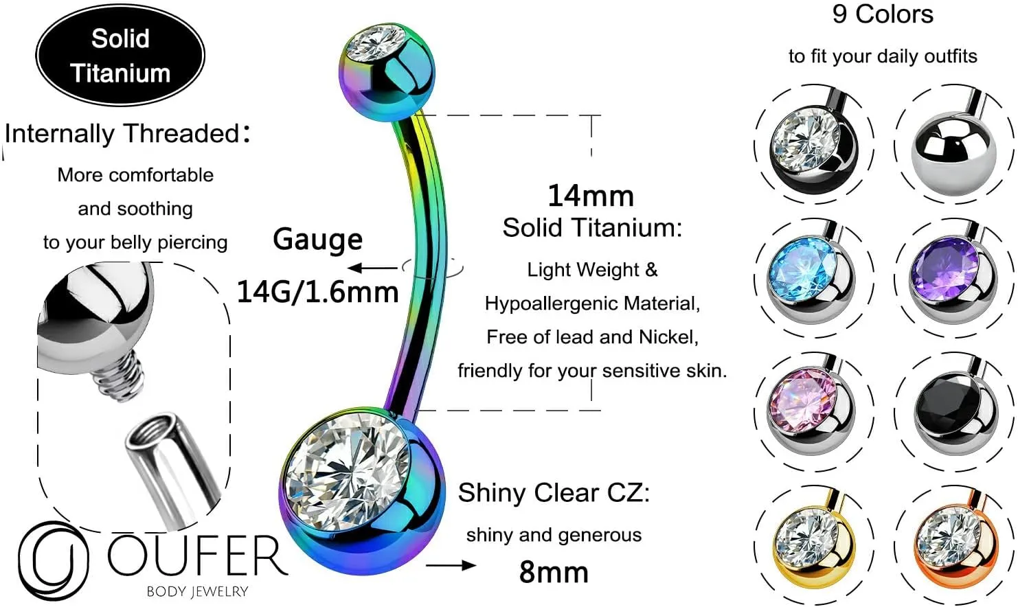 OUFER Titanium Belly Button Rings, Internally Threaded 14mm Long Belly Ring, Round CZ Navel Rings for Women Men