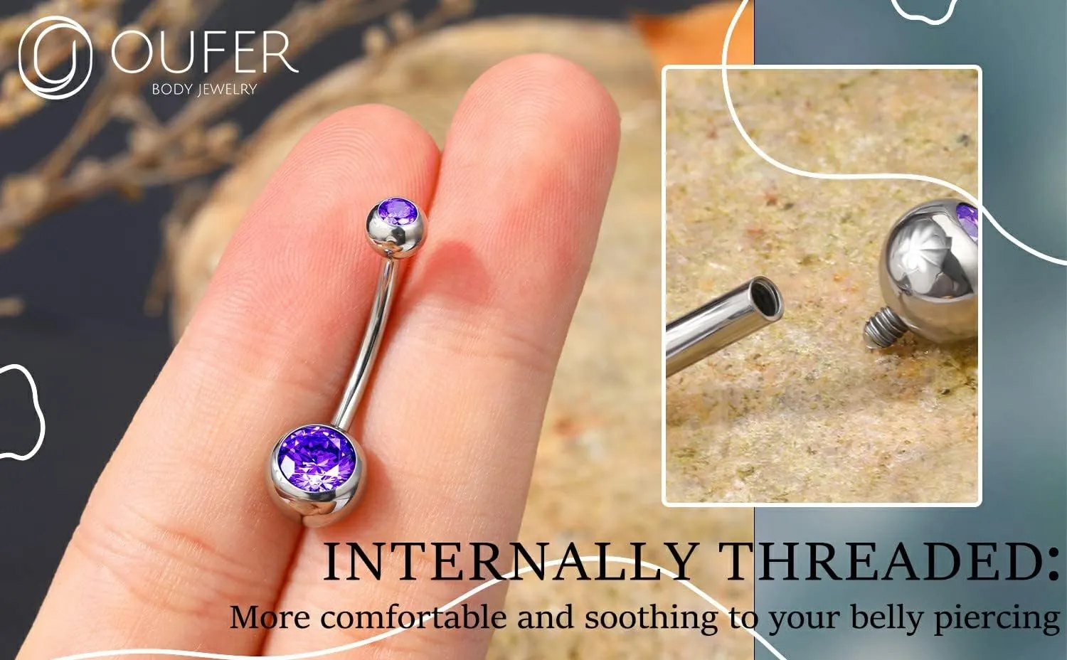 OUFER Titanium Belly Button Rings, Internally Threaded 14mm Long Belly Ring, Round CZ Navel Rings for Women Men