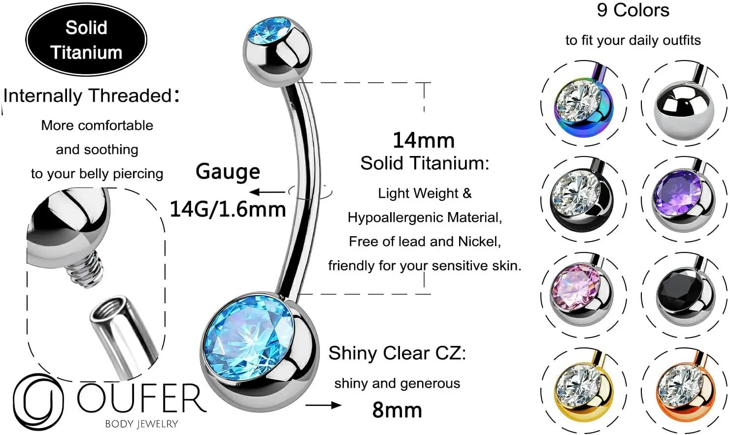 OUFER Titanium Belly Button Rings, Internally Threaded 14mm Long Belly Ring, Round CZ Navel Rings for Women Men