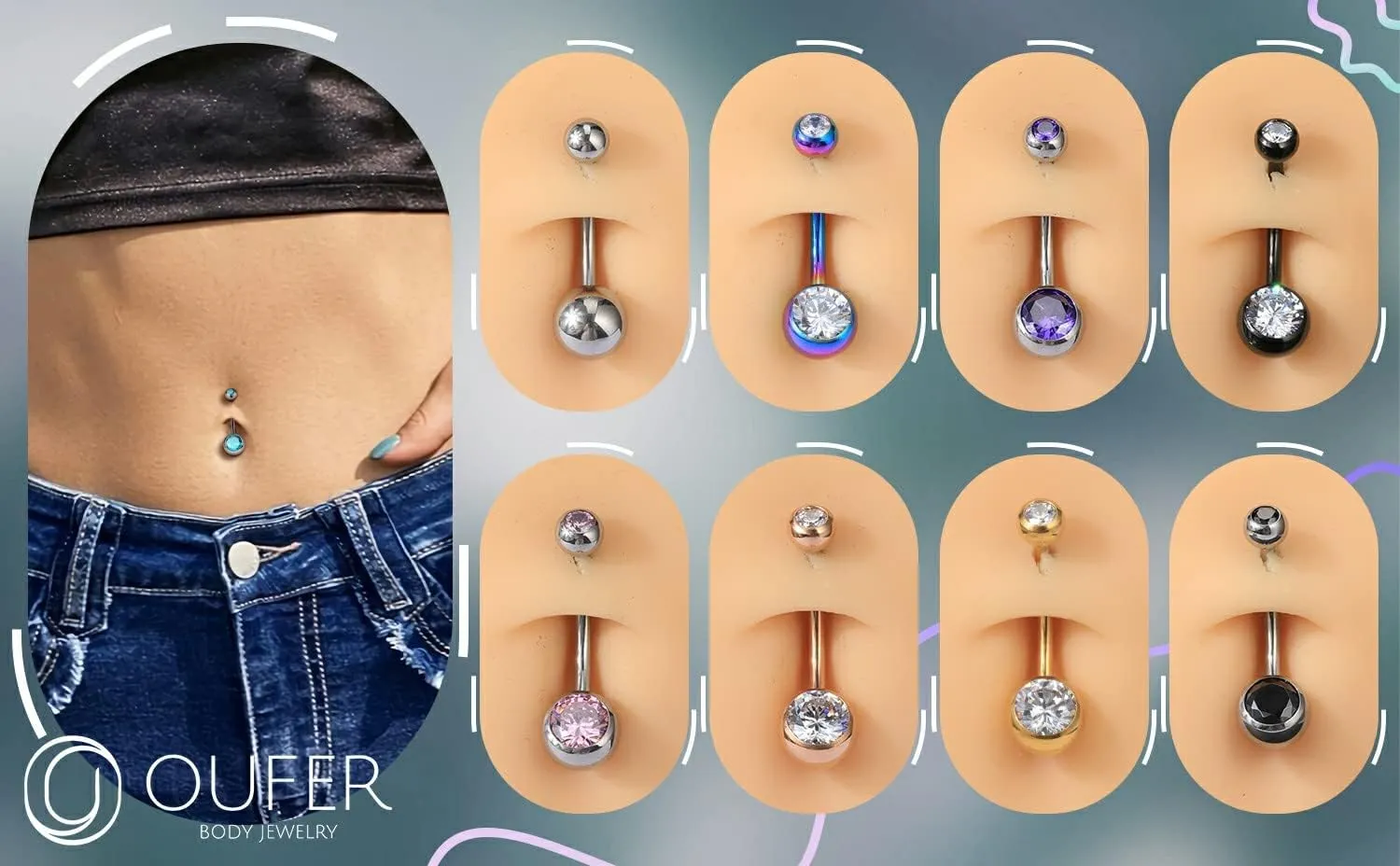 OUFER Titanium Belly Button Rings, Internally Threaded 14mm Long Belly Ring, Round CZ Navel Rings for Women Men