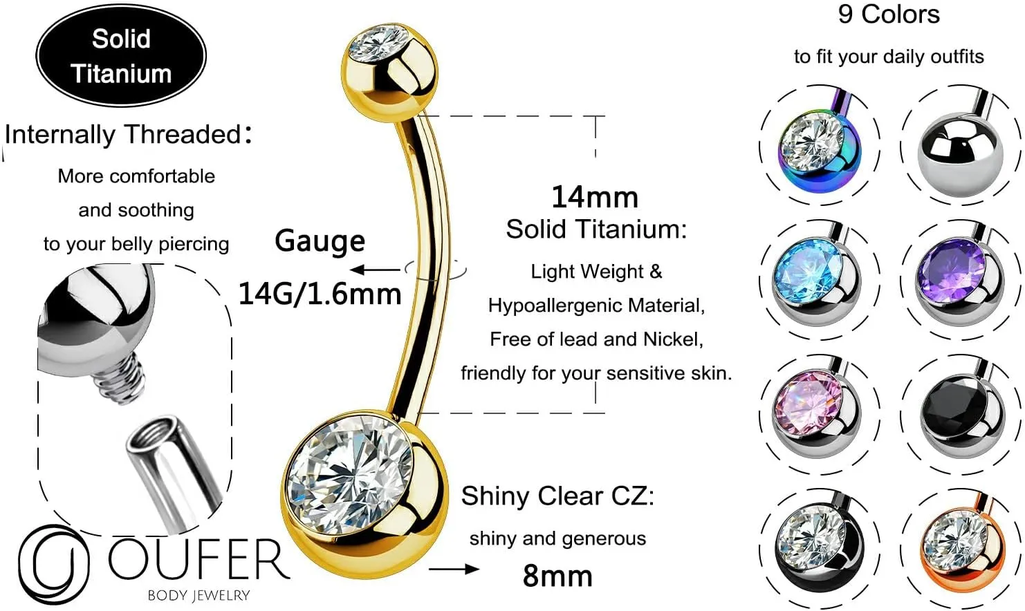 OUFER Titanium Belly Button Rings, Internally Threaded 14mm Long Belly Ring, Round CZ Navel Rings for Women Men