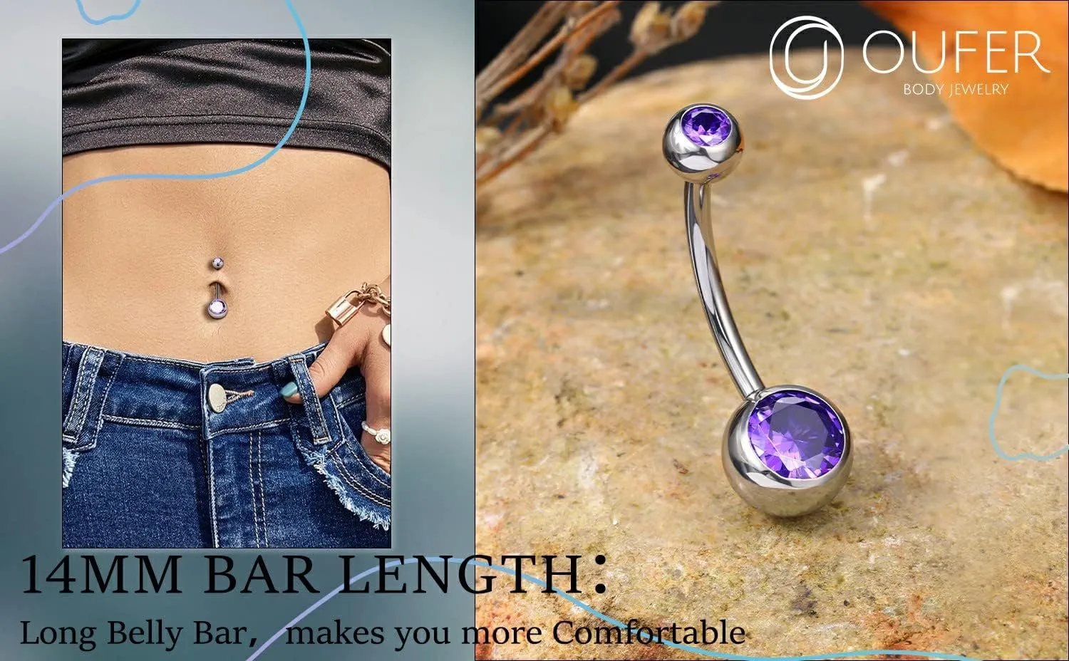 OUFER Titanium Belly Button Rings, Internally Threaded 14mm Long Belly Ring, Round CZ Navel Rings for Women Men