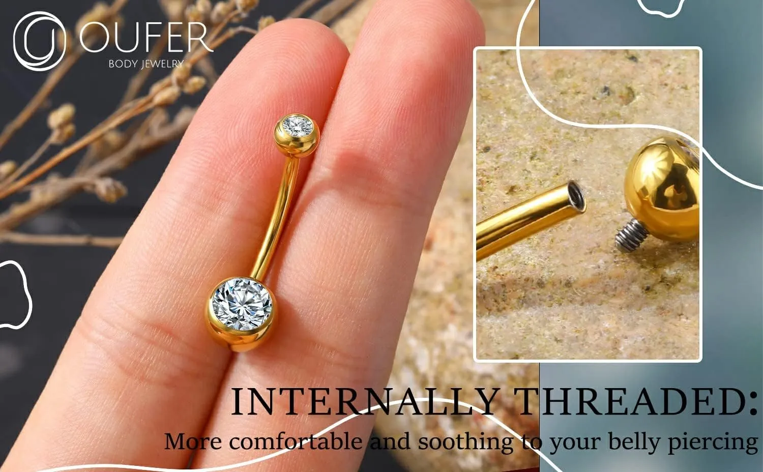 OUFER Titanium Belly Button Rings, Internally Threaded 14mm Long Belly Ring, Round CZ Navel Rings for Women Men