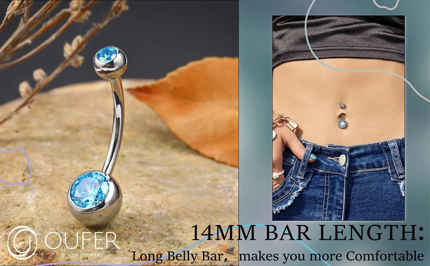 OUFER Titanium Belly Button Rings, Internally Threaded 14mm Long Belly Ring, Round CZ Navel Rings for Women Men