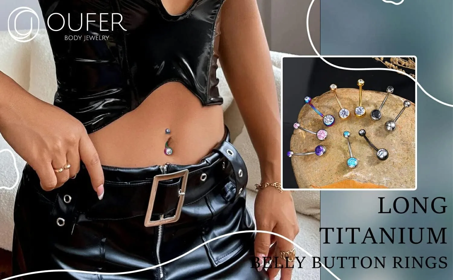 OUFER Titanium Belly Button Rings, Internally Threaded 14mm Long Belly Ring, Round CZ Navel Rings for Women Men