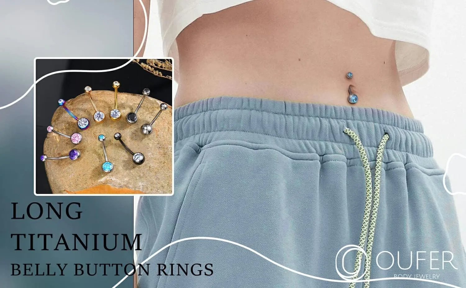 OUFER Titanium Belly Button Rings, Internally Threaded 14mm Long Belly Ring, Round CZ Navel Rings for Women Men