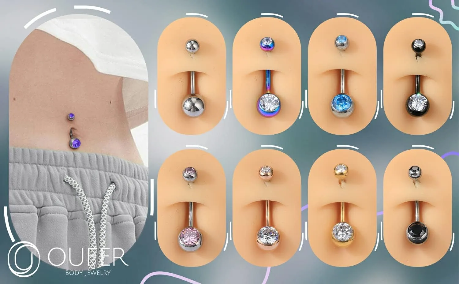 OUFER Titanium Belly Button Rings, Internally Threaded 14mm Long Belly Ring, Round CZ Navel Rings for Women Men