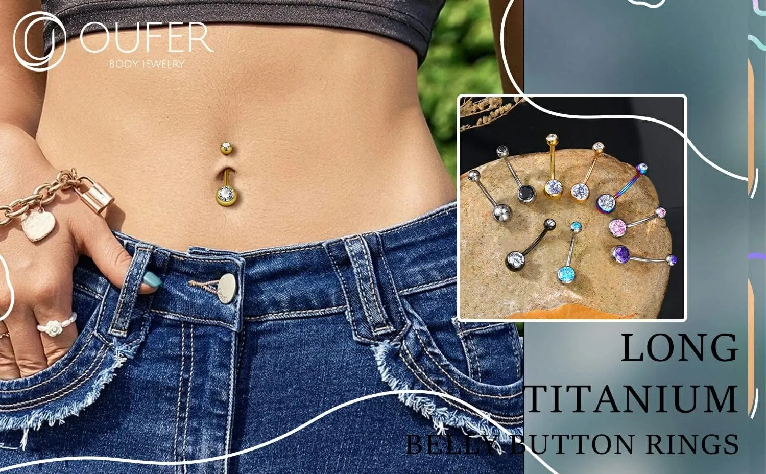 OUFER Titanium Belly Button Rings, Internally Threaded 14mm Long Belly Ring, Round CZ Navel Rings for Women Men