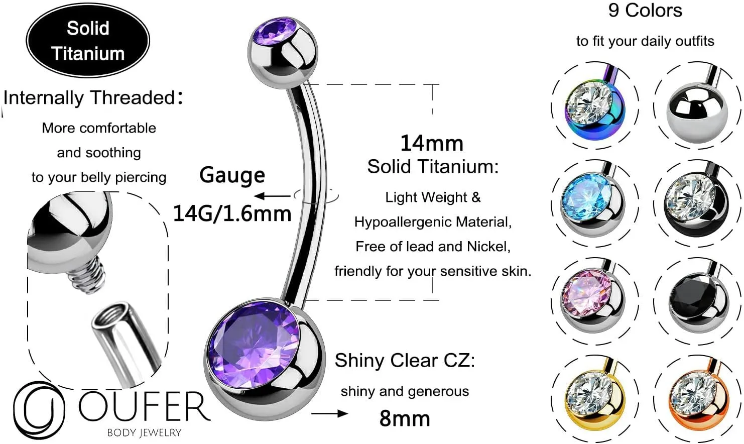 OUFER Titanium Belly Button Rings, Internally Threaded 14mm Long Belly Ring, Round CZ Navel Rings for Women Men