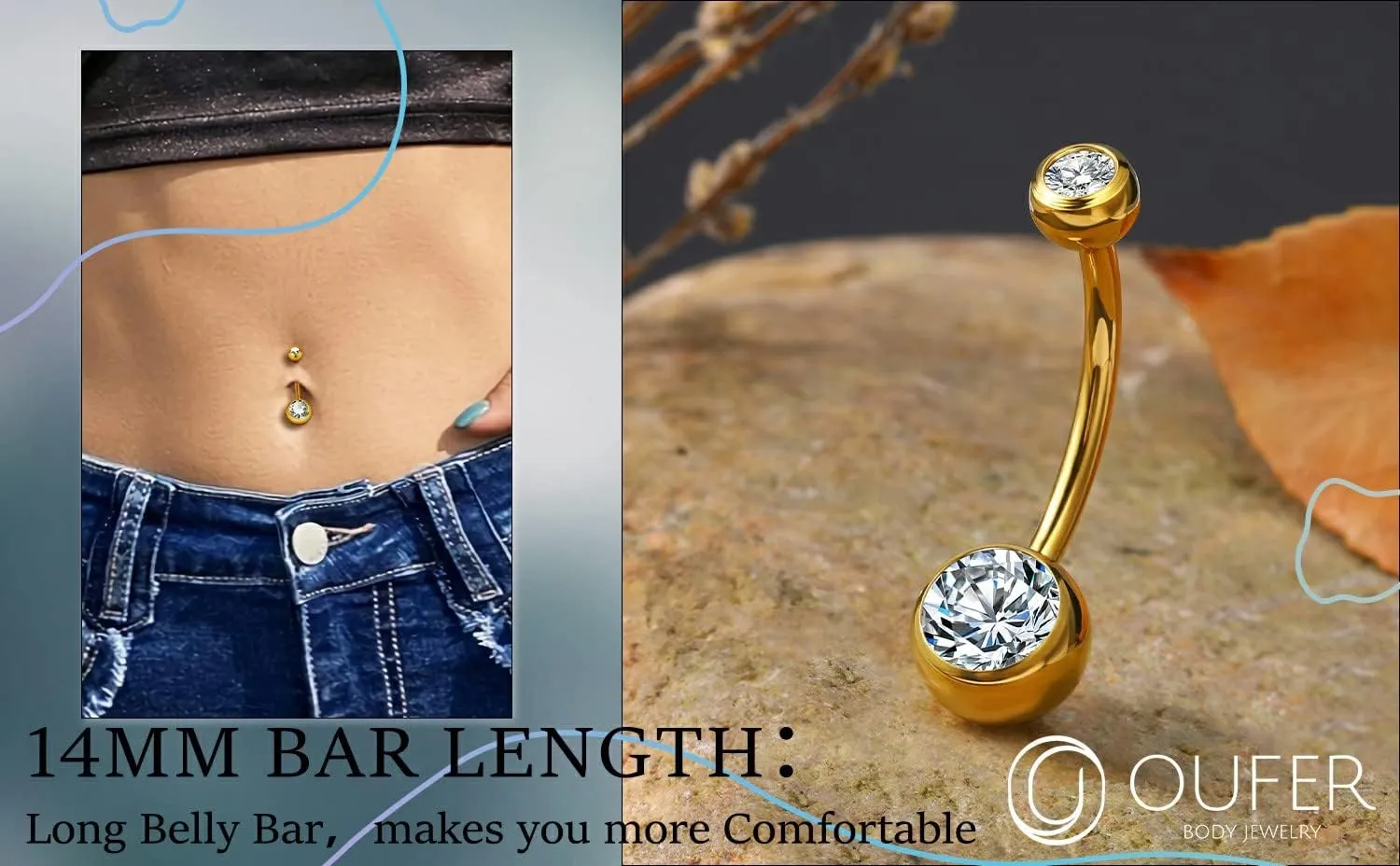 OUFER Titanium Belly Button Rings, Internally Threaded 14mm Long Belly Ring, Round CZ Navel Rings for Women Men