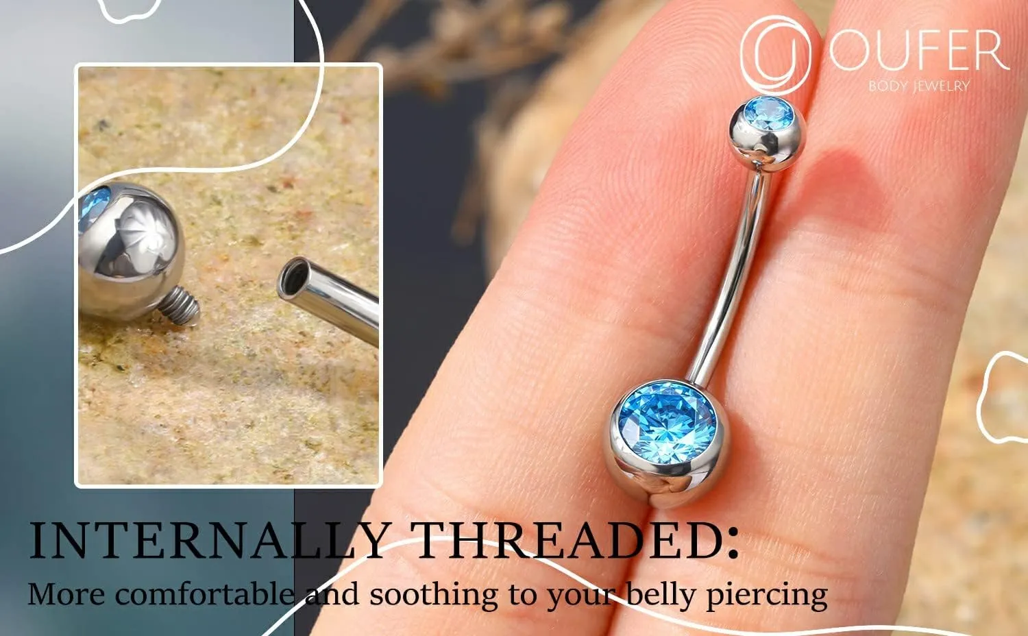 OUFER Titanium Belly Button Rings, Internally Threaded 14mm Long Belly Ring, Round CZ Navel Rings for Women Men