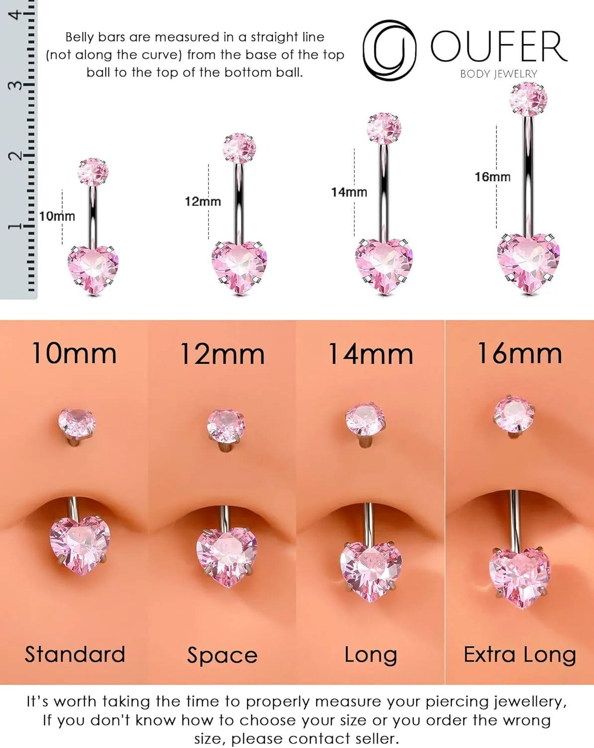 OUFER Titanium Belly Button Rings, Long Belly Piercing Jewelry, Cute Pink Navel Piercing jewelry, 14G Internal Thread Belly Rings For Women-10MM/12MM/14MM/16MM