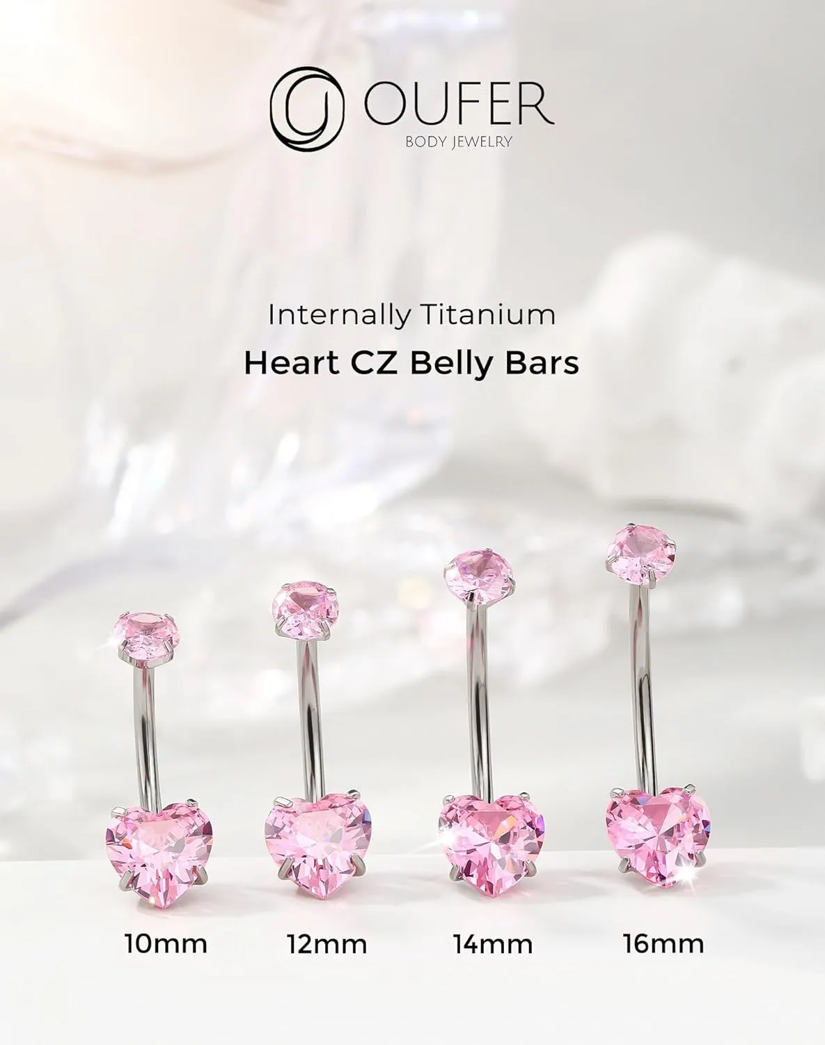 OUFER Titanium Belly Button Rings, Long Belly Piercing Jewelry, Cute Pink Navel Piercing jewelry, 14G Internal Thread Belly Rings For Women-10MM/12MM/14MM/16MM