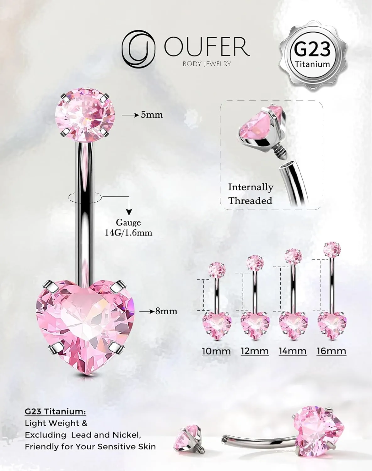 OUFER Titanium Belly Button Rings, Long Belly Piercing Jewelry, Cute Pink Navel Piercing jewelry, 14G Internal Thread Belly Rings For Women-10MM/12MM/14MM/16MM