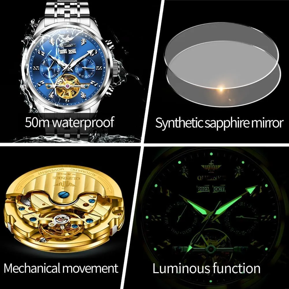 OUPINKE Automatic Watches for Men Luxury Stainless Steel Sapphire Calendar Big Face Self Winding Casual Male Wristwatch