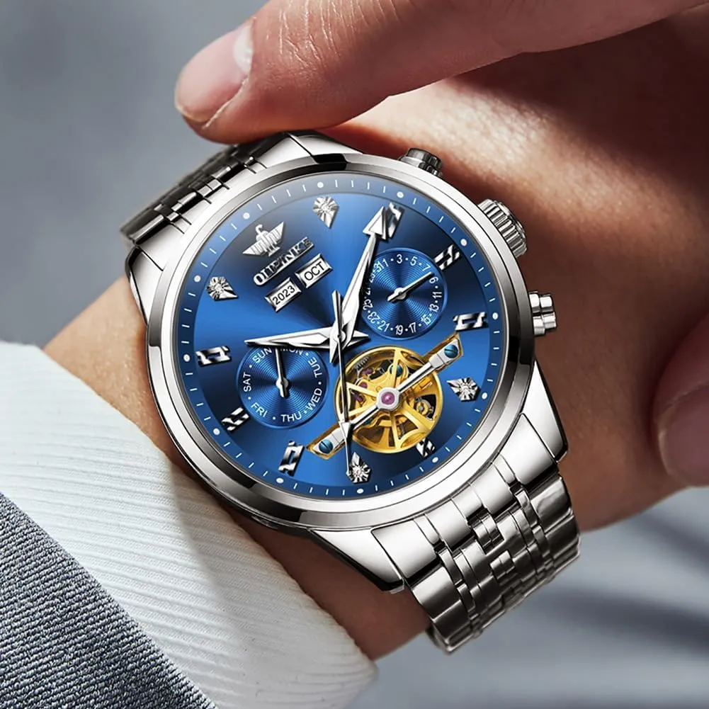 OUPINKE Automatic Watches for Men Luxury Stainless Steel Sapphire Calendar Big Face Self Winding Casual Male Wristwatch